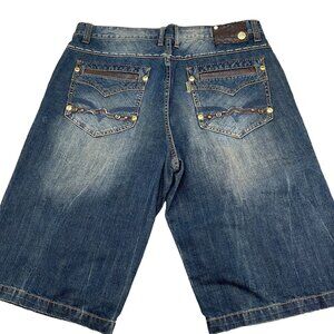 Parish Shorts Men 36W x 14L‎ Blue Stonewash Button Fly Leather High Rise Denim
